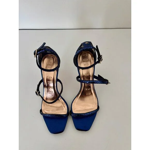 Ted Baker Heels 38 / US 7.5 Navy Strappy Heels Square Toe Ankle Strap Old Money - Picture 4 of 16